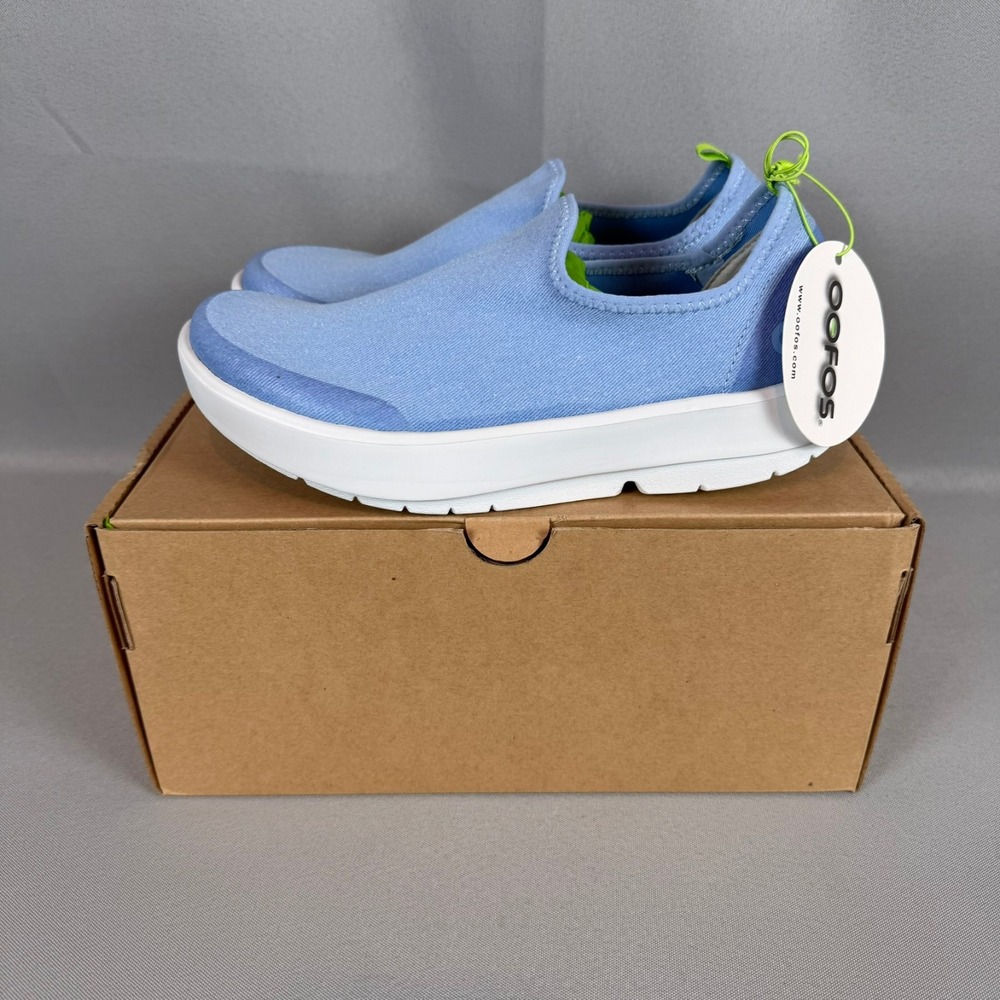 Oofos OOmg Eezee Recovery Sneakers Womens 7 Blue Wash Slip-On Light Shoes NIB